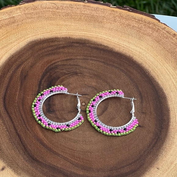 Watermelon Sea Bead Hoop Earrings - Picture 3 of 4